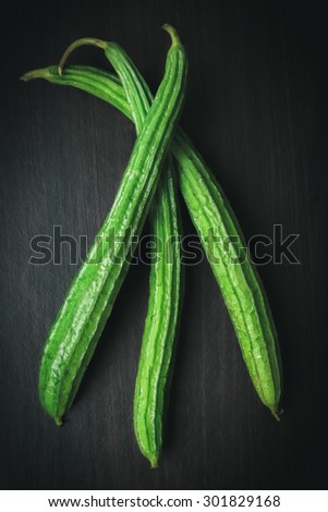 Angled Gourd or Angled Loofah Sponge gourd with Mystic Light on black wood background
