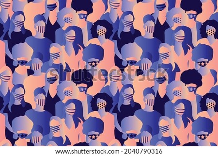 Diversity and inclusion. Women crowd wearing medical masks abstract seamless pattern. Repetitive abstract vector illustration of women crowd. Stylish medical mask, women crowd, Freedom. EPS10.
