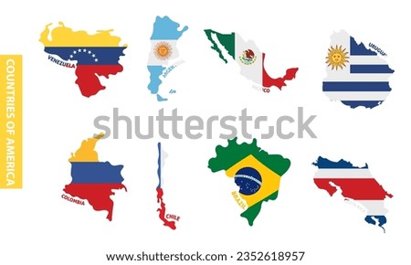 Set of colored latin american country maps with its flags Vector