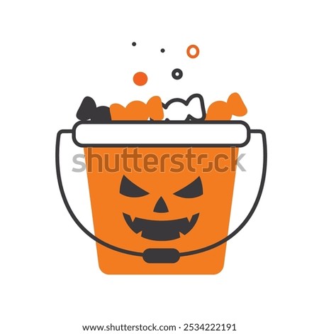 Halloween pumpkin candy bucket filled with treats, Vector