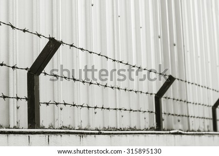 Barbed wire over grunge concrete wall with metal sheet background in black and white colour style.