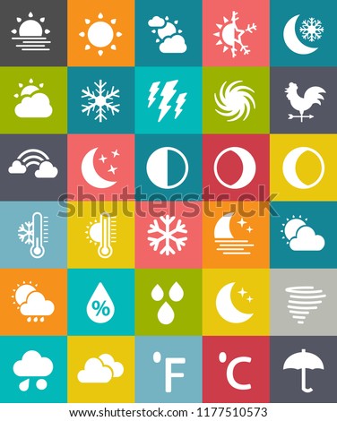 vector WEATHER ICONS SET with celsius & fahrenheit degree, umbrella, Half moon, drops, waxing crescent, quarter moon, moon & star, cloud rain and snow, night, partly cloudy, sun, clear clouds, tornado
