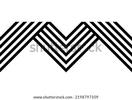 Striped pattern in the form of the letter M from black parallel lines on a white background in a retro style. Vector striped design element.