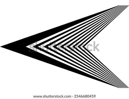 Black sharp vector striped arrow on white background. Pointer. Navigation, Symbol. Black and white design element. Sports pattern. Flash, wings