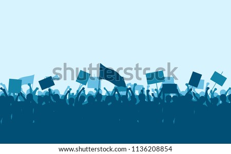 Silhouette group of protesters people Raised Fist and Signs in flat icon design with blue color sky background