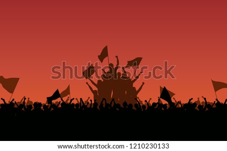 Silhouette group of protesters people Raised Fist and flags in flat icon design with red color evening sky background