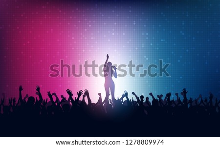 Silhouette of people raise hand up in concert with woman singer on stage and digital dot pattern on blue pink color background