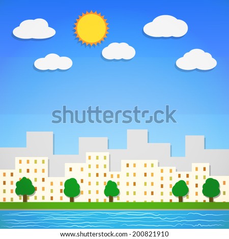 silhouette downtown city landscape and river in blue sky with cloud and sun background(vector)