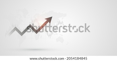 Financial chart with moving up arrow graph and world map on black and white color background