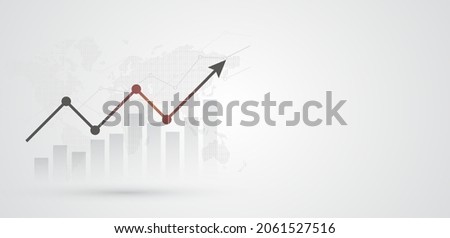 Financial chart with moving up arrow graph and world map on black and white color background