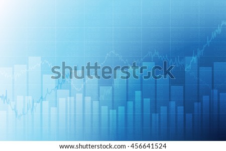 Business chart with uptrend line graph, bar chart and stock numbers in bull market on white and blue color background (vector)