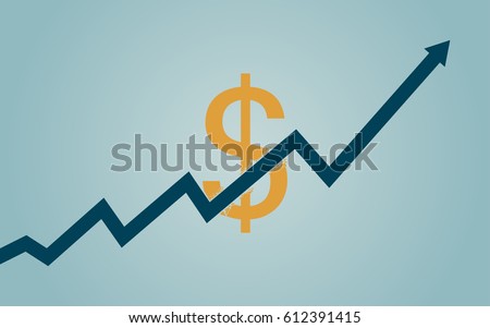 flat icon design of uptrend line arrow breaking through dollar sign on blue color background