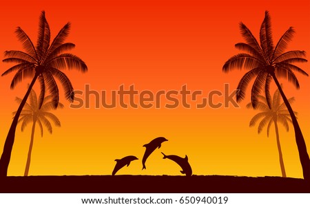 Silhouette jumping dolphin and palm tree in flat icon design with sunset sky background