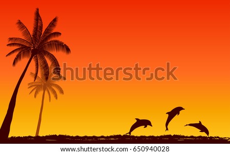 Silhouette jumping dolphin and palm tree in flat icon design with sunset sky background