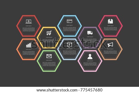 Abstract business infographics template with 10 hexagon box diagrams in black color background