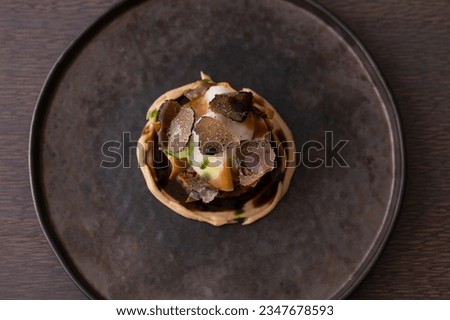 Image, Stock Photo Plate with raw Jerusalem artichoke on concrete kitchen table with olive oil, herbs and spices. Cooking preparation at home with root vegetable. Top view.