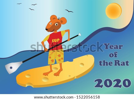Stand up paddle surfing. Cute Rat SUP surfer symbol of 2020 Imagine de stoc © 