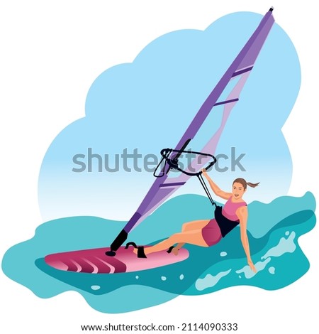 Windsurfing. Young woman windsurf in sea or ocean