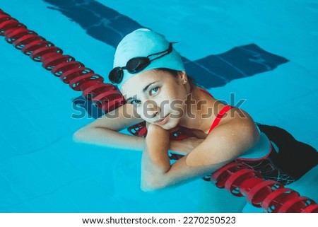 Similar – Image, Stock Photo Inspired woman swimming in stony pool in mountain waterfall