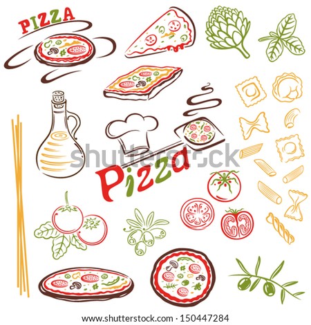 Italian food, pizza, pasta vector set