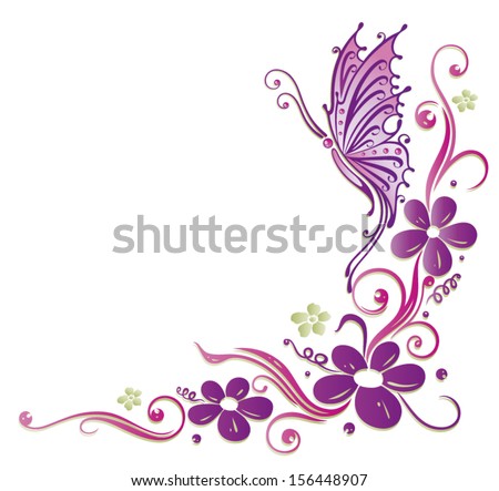 Colorful flowers with purple and pink butterfly.