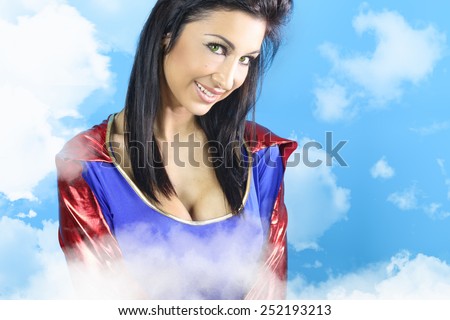 super woman smiling in front of clouds