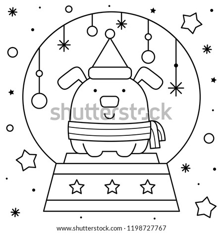 Snow globe with a dog. Coloring page. Black and white vector illustration.