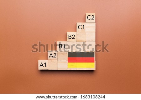 Wooden cubes with language levels, concept of learning and improvement. German language Stock foto © 
