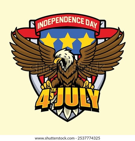 4th of July Independence Day Bald Eagle with American Flag Shield and Statue of Liberty Vector Illustration for social media, flyers, web pages, print media, greeting card, invitation, banner