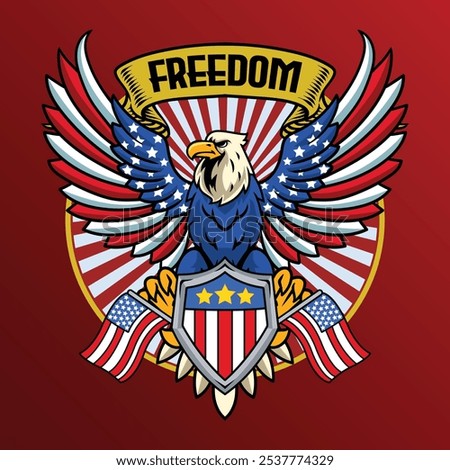 4th of July Independence Day Bald Eagle with American Flag Shield and Statue of Liberty Vector Illustration for social media, flyers, web pages, print media, greeting card, invitation, banner