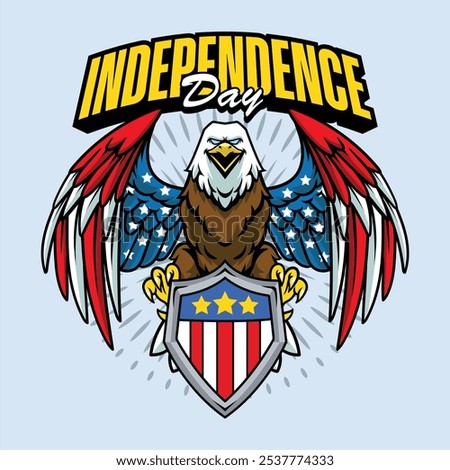 4th of July Independence Day Bald Eagle with American Flag Shield and Statue of Liberty Vector Illustration for social media, flyers, web pages, print media, greeting card, invitation, banner