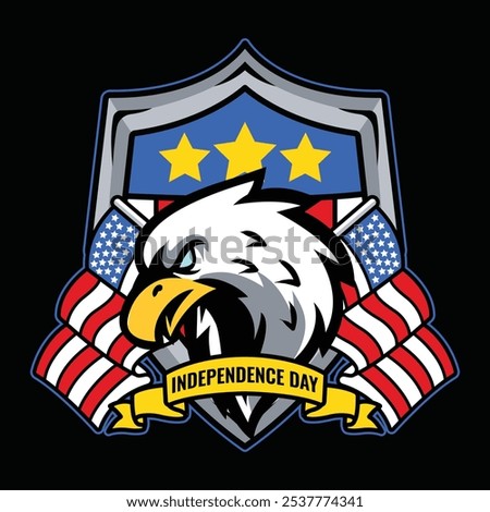 4th of July Independence Day Bald Eagle with American Flag Shield and Statue of Liberty Vector Illustration for social media, flyers, web pages, print media, greeting card, invitation, banner