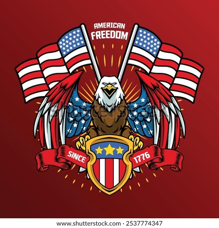 4th of July Independence Day Bald Eagle with American Flag Shield and Statue of Liberty Vector Illustration for social media, flyers, web pages, print media, greeting card, invitation, banner