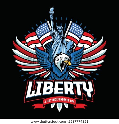 4th of July Independence Day Bald Eagle with American Flag Shield and Statue of Liberty Vector Illustration for social media, flyers, web pages, print media, greeting card, invitation, banner