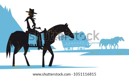 western scene illustration settlers with stagecoach wagon