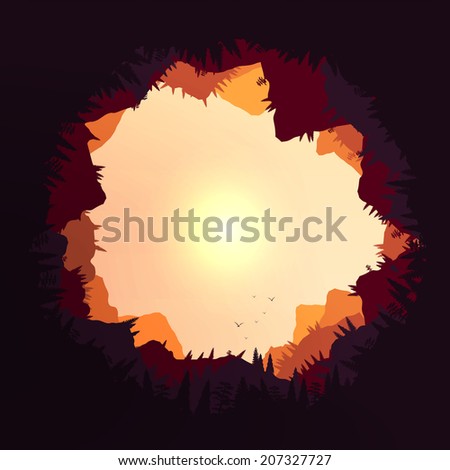 Forest Sunset Mountains Tunnel View - Vector Illustration