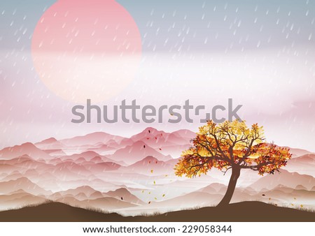 Autumn landscape with wind and leaves - Vector Illustration