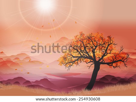 Autumn Landscape with Tree - Vector Illustration
