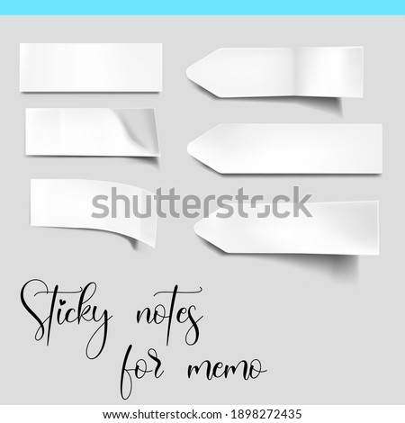 White stickers of different shapes with shadow and folded edges, tags, sticky notes for memo
