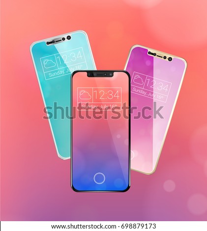 Three frameless futuristic smartphone with glossy screen in silver color, front & back, Iphone 8