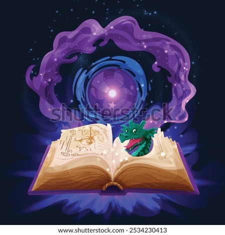 Spell book cast. Magic witchcraft open spell book with torn pages game icon for menu GUI, fantasy colorful grimoire with sparkling magic spell. Vector illustration. Educational mystic literature