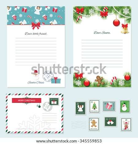 Christmas templates set. Letter from Santa Claus, Letter to Santa, envelope, postage stamps. Pattern with angels added in swatches.