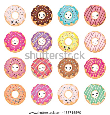 Kawaii Glazed Donuts Set Isolated On White. Cute Cartoon Characters ...