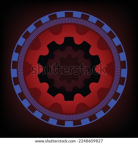 Graphic design of an abstract mechanical object in bright colors on a dark background.