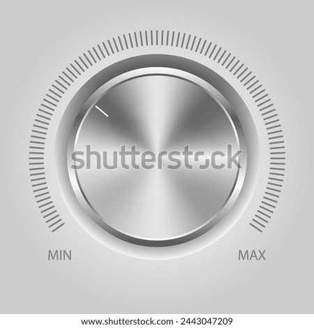 Volume button (music knob) with metal texture. Metal audio control dial switch level scale. Analog Rotary Switch. Vector illustration.