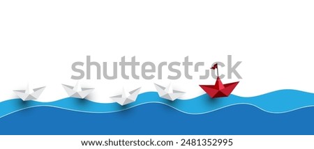 Winner red paper ship. Leadership concept, yellow leader boat leading black boats, on white background with empty copy space on left side. 3D Rendering