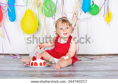 Happy birthday baby, Little girl with group balls and cake.