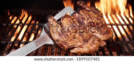 Whole Chicken Grilled On Hot Barbecue Charcoal Flaming Grill. Juicy Chicken Meat Roasted on BBQ Grill. Backyard Grill Party Dish From Poultry Isolated On Black Background, Closeup View.