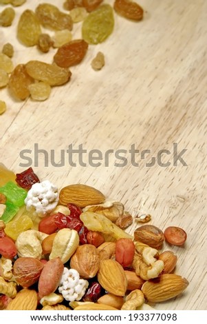 Close up of a mixed of nuts and dry fruits. Background with space for text or image.