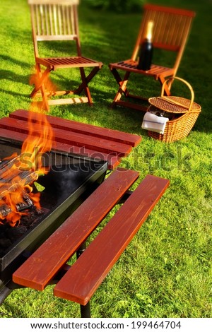 Picnic Scene. Flaming BBQ Grill, garden furniture, basket and wine. You can see more picnic and BBQ scene in my set.